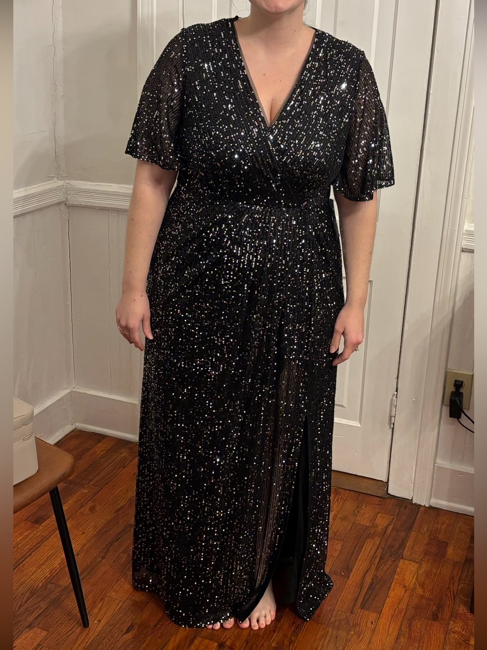 Plus-Size Black Sequin Maxi Dress with V-Neck